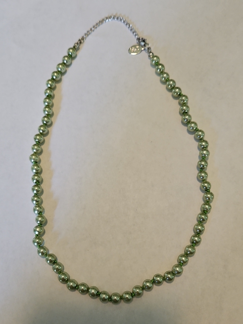 Joan Rivers 925 Sterling Silver Geeen Faux Pearl Necklace Single Strand Signed